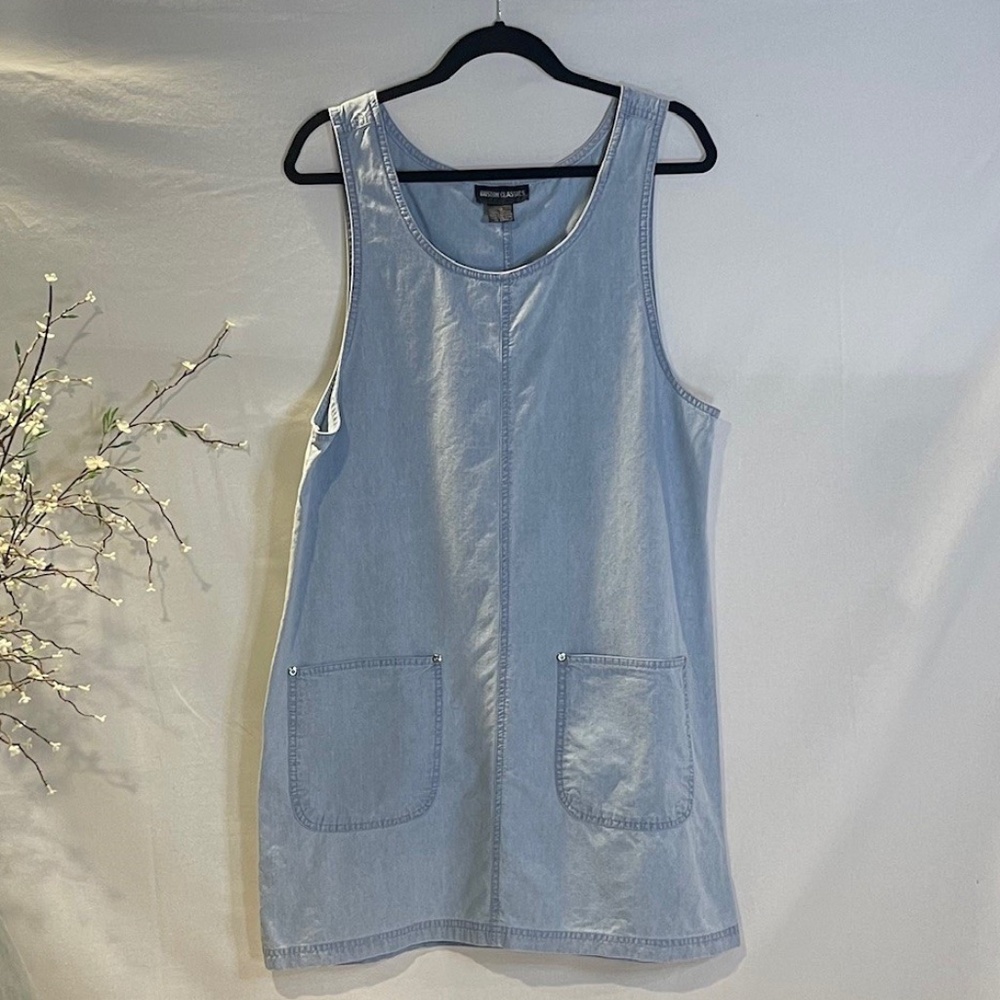 BOSTON CLASSIC Vintage 1990s Denim Jumper Jean Dress Front Pockets Blue Size 12